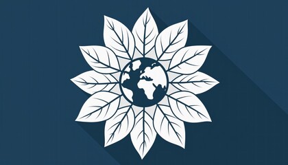 Stylized representation features a globe encircled by numerous leaves against a dark background