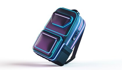 Futuristic digital backpack design illuminated with bright neon accents hovers against a white background