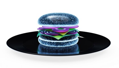 Glowing digital representation of a stacked sandwich served on a dark circular dish against a white background