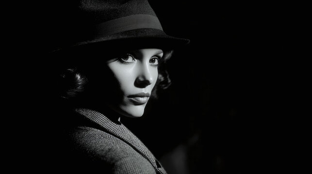 A mysterious woman in a fedora hat with intense gaze