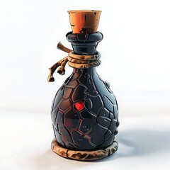 A detailed, artistic rendering of a dark, ornate potion bottle with a cork.