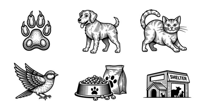 Animal shelter symbols including dog, cat, bird, and pet food  