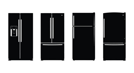 Four refrigerator silhouettes isolated on white background in a horizontal row