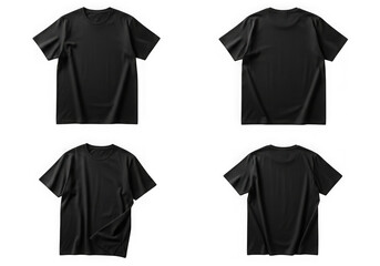 Four black t-shirts front and back views professional photography for apparel mockups transparent background