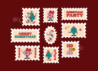 Retro Christmas postage stamps collection with cute cartoon characters and festive greetings