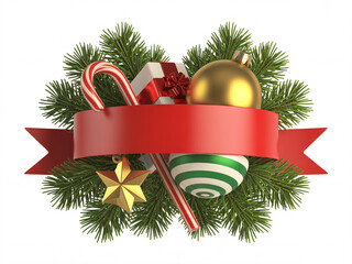 Celebrate the joyful season with this stunning arrangement of Christmas ornaments, a festive gift, and a vibrant red banner perfect for holiday promotions