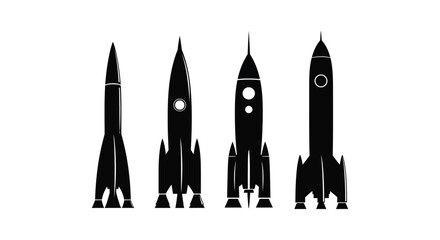 Four black rocket shapes isolated on white background in a row design