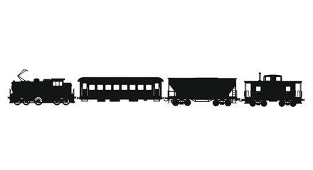 Silhouette of a train with various wagons isolated on white background