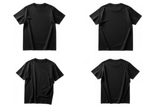 Four black t-shirts front and back views professional photography for apparel mockups transparent background