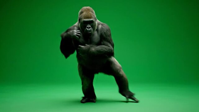 A powerful gorilla on a green backdrop, seemingly dancing or moving dynamically
