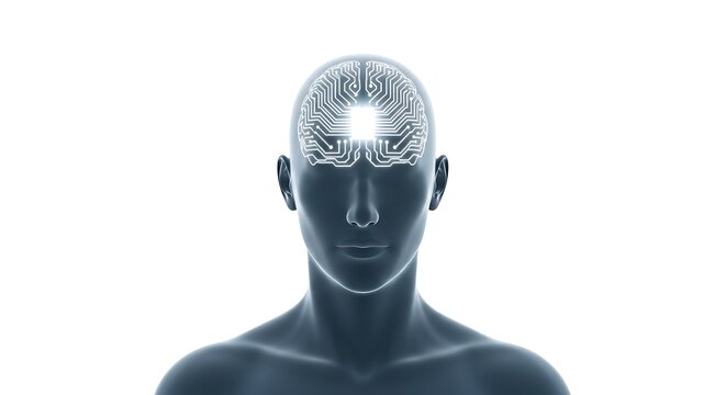 Futuristic humanoid head with glowing circuitry inside brain representing artificial intelligence and technology