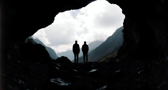 Cave Viewers in Mountain Landscape