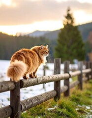 Fluffy orange cat on a wooden fence