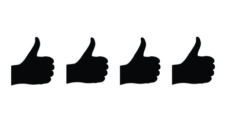 Four black thumbs up icons isolated on white background