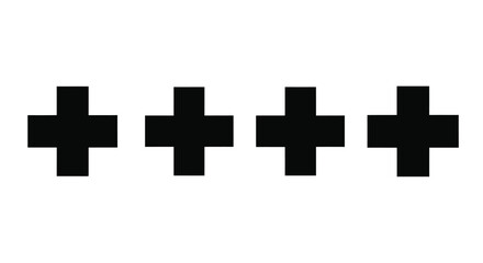 Four black plus signs in a row isolated on white background