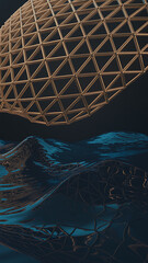 Abstract geometric lattice structure suspended above a vibrant textured and colorful abstract background