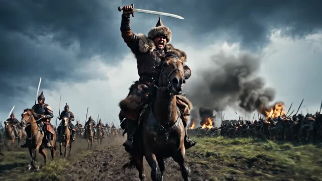 Horses thunder across the muddy ground as fierce warriors rally for battle. Amidst smoke and echoes of war, they raise swords high, embodying bravery and honor in a dramatic showdown.