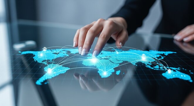 Digital world map highlighting global business collaboration and communication