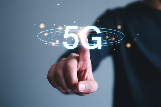 A person s finger touches a glowing 5g logo surrounded by a digital network of glowing particles and orbits