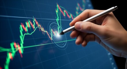 Digital business analysis hand with stylus tracking stock market charts