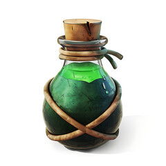 Green potion in a glass bottle with a cork and rope, isolated on white.