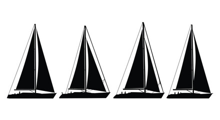 Four black sailboat silhouettes isolated on white background in a row