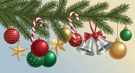 Festive Christmas Ornaments Hanging on Evergreen Branch Decoration