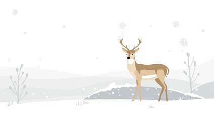 A stylized  template featuring a deer standing in a serene snow-covered landscape, designed in a flat design style with clean lines, simple shapes