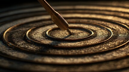 Sharp metallic point precisely contacting the center of concentric golden rings on a textured surface.