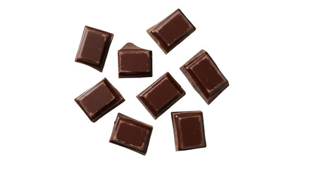 Several pieces of dark chocolate scattered on a transparent background