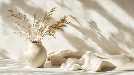 Elegant beige vase with dried wheat stalks beside flowing ivory linen under sunny shadows