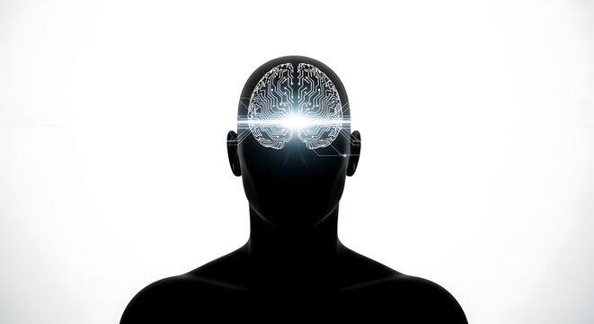 Silhouette of a human head with a glowing illuminated brain revealing intricate neural network connections and bright ideas - Powered by Adobe