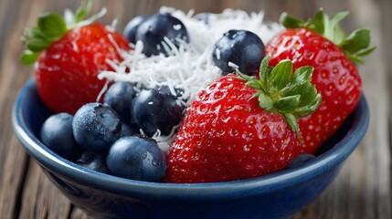 Brightly colored fresh strawberries and blueberries are served with shredded white topping in a blue ceramic bowl