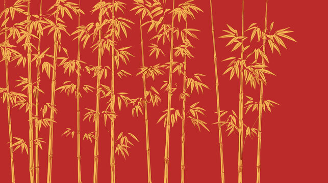 Vector illustration of golden bamboo stems with leaves isolated on a red background