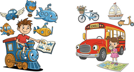 Children learning transportation vehicles illustration with school bus train airplane ship submarine and bicycle educational fun concept