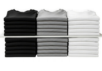 Neatly folded stack of black grey and white t-shirts on a shelf transparent background