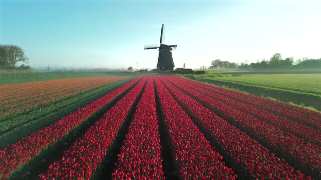 Aerial view of the vivid red tulip fields stretching towards a traditional windmill under a soft, hazy sky, Berkmeer, North Holland, Netherlands.