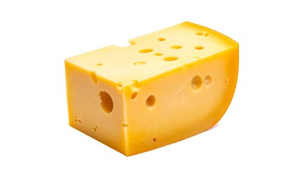 A wedge of yellow cheese with holes, isolated on white background