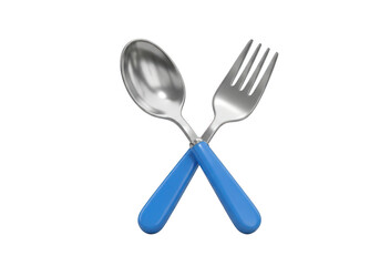 A silver spoon and fork with blue handles crossed over each other, isolated on transparent background