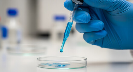 Fototapeta premium A gloved hand carefully drips blue liquid from a pipette into a petri dish during a laboratory experiment.