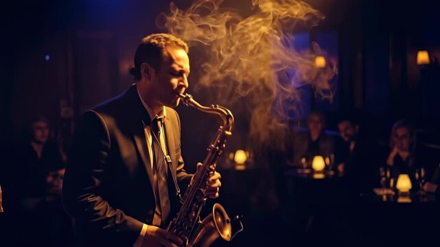 Man playing saxophone in smoky jazz club with audience watching.