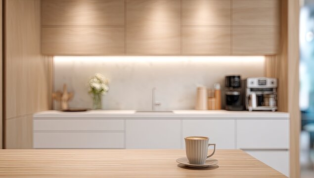 Cozy kitchen with a coffee cup on a wooden table, bright and modern interior design