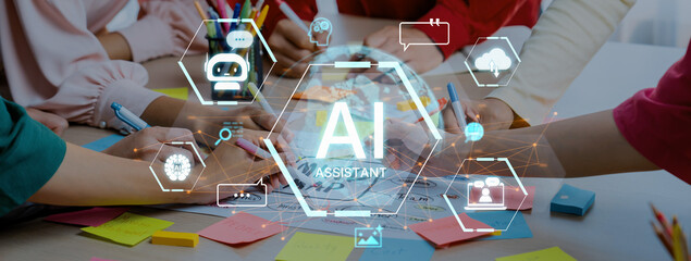 A concept of a global AI virtual assistant. This intelligent agent provides user support through chatbots, performs searches, manages cloud data, and aids in communication. Fermion