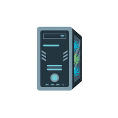 A flat style illustration of a gaming computer CPU tower featuring RGB lighting and a modern design, symbolizing power, performance, and advanced technology