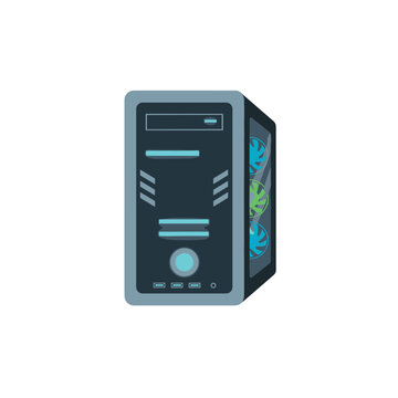 A flat style illustration of a gaming computer CPU tower featuring RGB lighting and a modern design, symbolizing power, performance, and advanced technology