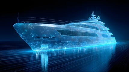 Illuminated digital representation of a luxury watercraft floats above glowing pathways on dark water