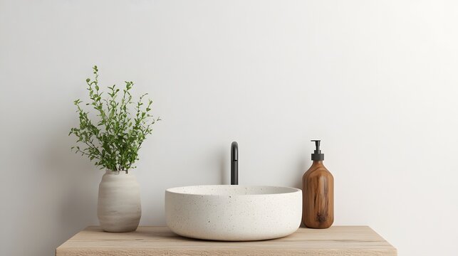 Modern minimal sink and amber bottle high resolution photo