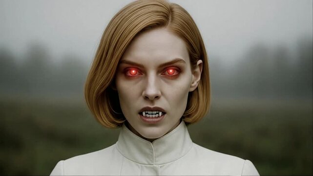 Red-Haired Vampire Woman with Glowing Eyes Revealing Fangs Outdoors Close-Up