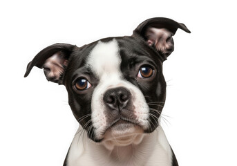 Adorable boston terrier puppy portrait with expressive eyes and floppy ears transparent background