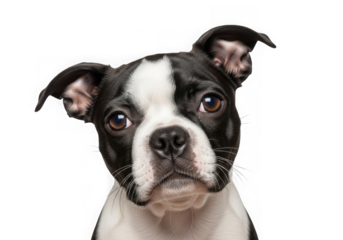 Adorable boston terrier puppy portrait with expressive eyes and floppy ears transparent background